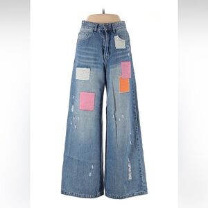 Trendy Patchwork Wide Leg Jeans in Blue and Pink